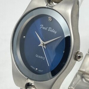 Fred Belay Watch Men 35mm Silver Tone Blue Dial Matte New Battery LARGE 8.75"